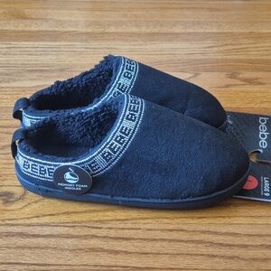 bebe Black Slip-On Fleece Lined Mule Slippers with Embroidered Trim